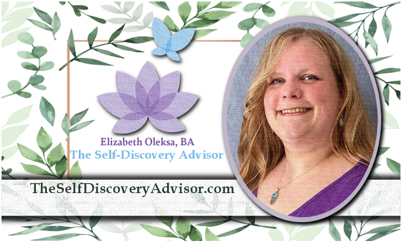 About Page image header. In the image Elizabeth Oleksa, BA smiling in a cameo frame with Logo Lotus Flower and Butterfly on the left of the frame. The Self-Discovery Advisor logo. Business Card design of sage and slate green leaves. With TheSelfDiscoveryAdvisor.com on a decorative plaque below the logo.